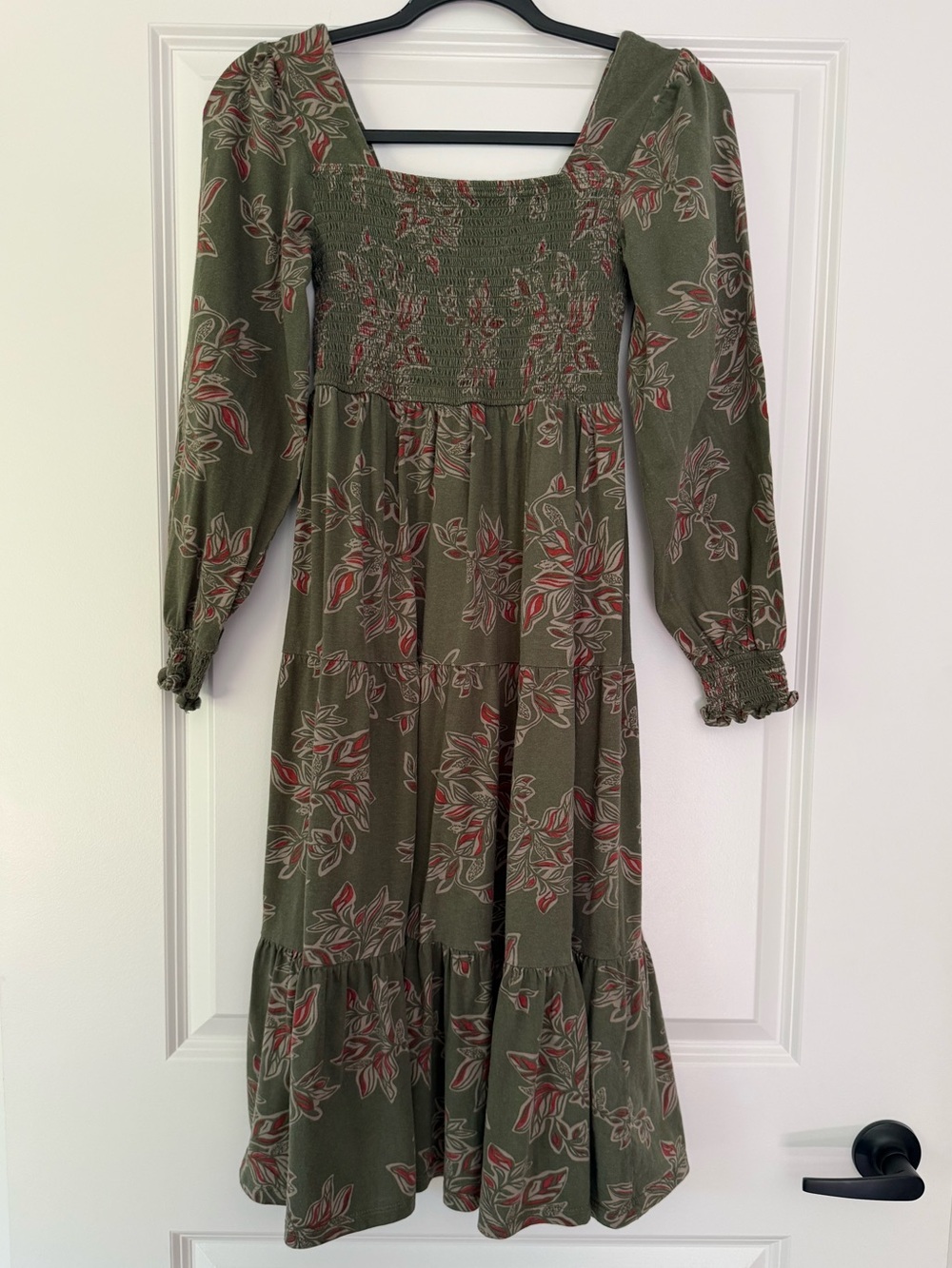 Nexx Olive Floral Smocked Midi Dress with Red Accents